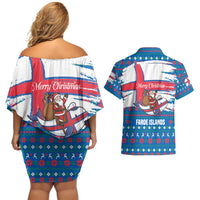 Faroe Islands Christmas Couples Matching Off Shoulder Short Dress and Hawaiian Shirt with Santa Riding Whale Faroe Flag and Blue Nordic Winter Pattern Design - Wonder Print Shop