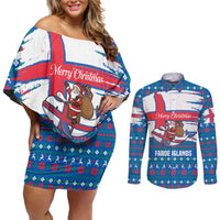 Faroe Islands Christmas Couples Matching Off Shoulder Short Dress and Long Sleeve Button Shirt with Santa Riding Whale Faroe Flag and Blue Nordic Winter Pattern Design - Wonder Print Shop