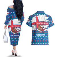 Faroe Islands Christmas Couples Matching Off The Shoulder Long Sleeve Dress and Hawaiian Shirt with Santa Riding Whale Faroe Flag and Blue Nordic Winter Pattern Design - Wonder Print Shop
