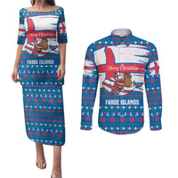 Faroe Islands Christmas Couples Matching Puletasi and Long Sleeve Button Shirt with Santa Riding Whale Faroe Flag and Blue Nordic Winter Pattern Design - Wonder Print Shop