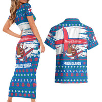 Faroe Islands Christmas Couples Matching Short Sleeve Bodycon Dress and Hawaiian Shirt with Santa Riding Whale Faroe Flag and Blue Nordic Winter Pattern Design - Wonder Print Shop