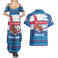 Faroe Islands Christmas Couples Matching Summer Maxi Dress and Hawaiian Shirt with Santa Riding Whale Faroe Flag and Blue Nordic Winter Pattern Design - Wonder Print Shop
