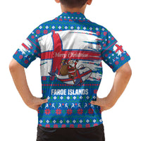 Faroe Islands Christmas Family Matching Off The Shoulder Long Sleeve Dress and Hawaiian Shirt with Santa Riding Whale Faroe Flag and Blue Nordic Winter Pattern Design - Wonder Print Shop