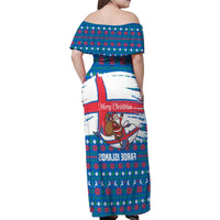 Faroe Islands Christmas Family Matching Off Shoulder Maxi Dress and Hawaiian Shirt with Santa Riding Whale Faroe Flag and Blue Nordic Winter Pattern Design - Wonder Print Shop
