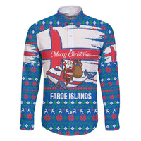 Faroe Islands Christmas Family Matching Off Shoulder Short Dress and Hawaiian Shirt with Santa Riding Whale Faroe Flag and Blue Nordic Winter Pattern Design - Wonder Print Shop