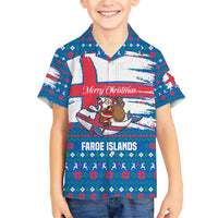 Faroe Islands Christmas Family Matching Short Sleeve Bodycon Dress and Hawaiian Shirt with Santa Riding Whale Faroe Flag and Blue Nordic Winter Pattern Design - Wonder Print Shop