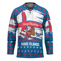 Faroe Islands Christmas Hockey Jersey with Santa Riding Whale Faroe Flag and Blue Nordic Winter Pattern Design - Wonder Print Shop