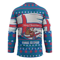 Faroe Islands Christmas Hockey Jersey with Santa Riding Whale Faroe Flag and Blue Nordic Winter Pattern Design - Wonder Print Shop