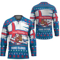 Faroe Islands Christmas Hockey Jersey with Santa Riding Whale Faroe Flag and Blue Nordic Winter Pattern Design - Wonder Print Shop