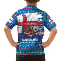 Faroe Islands Christmas Kid Hawaiian Shirt with Santa Riding Whale Faroe Flag and Blue Nordic Winter Pattern Design - Wonder Print Shop