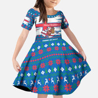Faroe Islands Christmas Kid Short Sleeve Dress with Santa Riding Whale Faroe Flag and Blue Nordic Winter Pattern Design - Wonder Print Shop