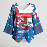 Faroe Islands Christmas Kimono Sleeve Blouse with Santa Riding Whale Faroe Flag and Blue Nordic Winter Pattern Design - Wonder Print Shop