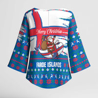 Faroe Islands Christmas Kimono Sleeve Blouse with Santa Riding Whale Faroe Flag and Blue Nordic Winter Pattern Design - Wonder Print Shop