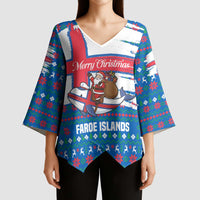 Faroe Islands Christmas Kimono Sleeve Blouse with Santa Riding Whale Faroe Flag and Blue Nordic Winter Pattern Design - Wonder Print Shop
