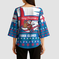 Faroe Islands Christmas Kimono Sleeve Blouse with Santa Riding Whale Faroe Flag and Blue Nordic Winter Pattern Design - Wonder Print Shop
