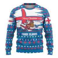 Faroe Islands Christmas Ugly Christmas Sweater with Santa Riding Whale Faroe Flag and Blue Nordic Winter Pattern Design - Wonder Print Shop