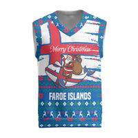 Faroe Islands Christmas Knitted V-Neck Vest with Santa Riding Whale Faroe Flag and Blue Nordic Winter Pattern Design - Wonder Print Shop