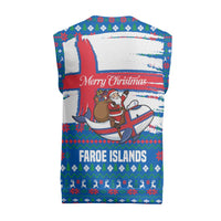 Faroe Islands Christmas Knitted V-Neck Vest with Santa Riding Whale Faroe Flag and Blue Nordic Winter Pattern Design - Wonder Print Shop