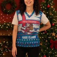 Faroe Islands Christmas Knitted V-Neck Vest with Santa Riding Whale Faroe Flag and Blue Nordic Winter Pattern Design - Wonder Print Shop