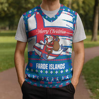 Faroe Islands Christmas Knitted V-Neck Vest with Santa Riding Whale Faroe Flag and Blue Nordic Winter Pattern Design - Wonder Print Shop
