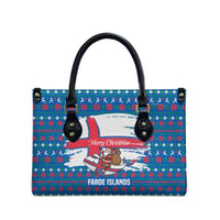 Faroe Islands Christmas Leather Bag with Santa Riding Whale Faroe Flag and Blue Nordic Winter Pattern Design - Wonder Print Shop