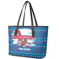 Faroe Islands Christmas Leather Tote Bag with Santa Riding Whale Faroe Flag and Blue Nordic Winter Pattern Design - Wonder Print Shop