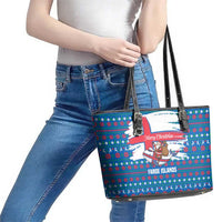 Faroe Islands Christmas Leather Tote Bag with Santa Riding Whale Faroe Flag and Blue Nordic Winter Pattern Design - Wonder Print Shop