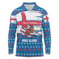 Faroe Islands Christmas Long Sleeve Polo Shirt with Santa Riding Whale Faroe Flag and Blue Nordic Winter Pattern Design - Wonder Print Shop