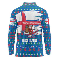 Faroe Islands Christmas Long Sleeve Polo Shirt with Santa Riding Whale Faroe Flag and Blue Nordic Winter Pattern Design - Wonder Print Shop