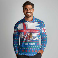 Faroe Islands Christmas Long Sleeve Polo Shirt with Santa Riding Whale Faroe Flag and Blue Nordic Winter Pattern Design - Wonder Print Shop
