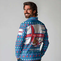 Faroe Islands Christmas Long Sleeve Polo Shirt with Santa Riding Whale Faroe Flag and Blue Nordic Winter Pattern Design - Wonder Print Shop