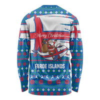Faroe Islands Christmas Long Sleeve Shirt with Santa Riding Whale Faroe Flag and Blue Nordic Winter Pattern Design - Wonder Print Shop