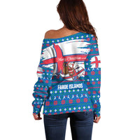 Faroe Islands Christmas Off Shoulder Sweater with Santa Riding Whale Faroe Flag and Blue Nordic Winter Pattern Design - Wonder Print Shop