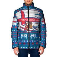 Faroe Islands Christmas Padded Jacket with Santa Riding Whale Faroe Flag and Blue Nordic Winter Pattern Design - Wonder Print Shop