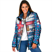 Faroe Islands Christmas Padded Jacket with Santa Riding Whale Faroe Flag and Blue Nordic Winter Pattern Design - Wonder Print Shop