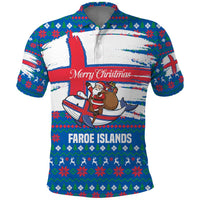 Faroe Islands Christmas Polo Shirt with Santa Riding Whale Faroe Flag and Blue Nordic Winter Pattern Design - Wonder Print Shop