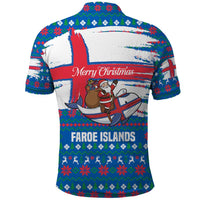 Faroe Islands Christmas Polo Shirt with Santa Riding Whale Faroe Flag and Blue Nordic Winter Pattern Design - Wonder Print Shop