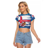 Faroe Islands Christmas Raglan Cropped T Shirt with Santa Riding Whale Faroe Flag and Blue Nordic Winter Pattern Design - Wonder Print Shop