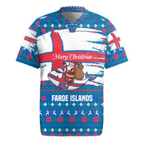 Faroe Islands Christmas Rugby Jersey with Santa Riding Whale Faroe Flag and Blue Nordic Winter Pattern Design - Wonder Print Shop