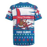 Faroe Islands Christmas Rugby Jersey with Santa Riding Whale Faroe Flag and Blue Nordic Winter Pattern Design - Wonder Print Shop