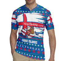 Faroe Islands Christmas Rugby Jersey with Santa Riding Whale Faroe Flag and Blue Nordic Winter Pattern Design - Wonder Print Shop