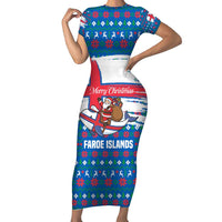 Faroe Islands Christmas Short Sleeve Bodycon Dress with Santa Riding Whale Faroe Flag and Blue Nordic Winter Pattern Design - Wonder Print Shop