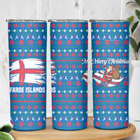 Faroe Islands Christmas Skinny Tumbler with Santa Riding Whale Faroe Flag and Blue Nordic Winter Pattern Design - Wonder Print Shop