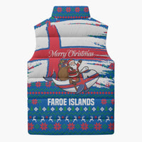 Faroe Islands Christmas Sleeveless Puffer Jacket with Santa Riding Whale Faroe Flag and Blue Nordic Winter Pattern Design - Wonder Print Shop