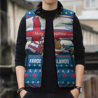 Faroe Islands Christmas Sleeveless Puffer Jacket with Santa Riding Whale Faroe Flag and Blue Nordic Winter Pattern Design - Wonder Print Shop