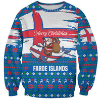 Faroe Islands Christmas Sweatshirt with Santa Riding Whale Faroe Flag and Blue Nordic Winter Pattern Design - Wonder Print Shop