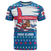 Faroe Islands Christmas T Shirt with Santa Riding Whale Faroe Flag and Blue Nordic Winter Pattern Design - Wonder Print Shop