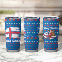Faroe Islands Christmas Tumbler Cup with Santa Riding Whale Faroe Flag and Blue Nordic Winter Pattern Design - Wonder Print Shop