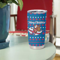 Faroe Islands Christmas Tumbler Cup with Santa Riding Whale Faroe Flag and Blue Nordic Winter Pattern Design - Wonder Print Shop