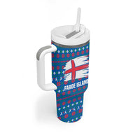Faroe Islands Christmas Tumbler With Handle with Santa Riding Whale Faroe Flag and Blue Nordic Winter Pattern Design - Wonder Print Shop
